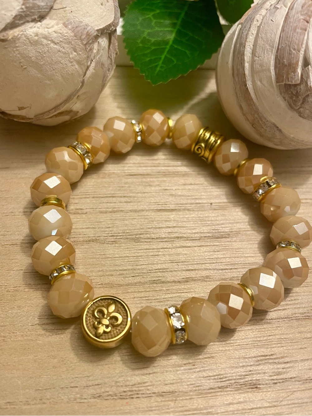 Carmel Crystal Bracelet with Fleur de Lis in line charm gold accents 10mm gold